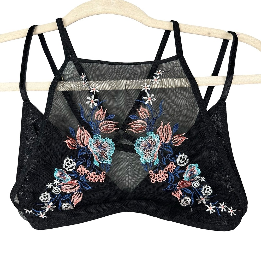 IJAK Embroidered Bralette Womens Small Black Mesh Floral Strappy Sheer